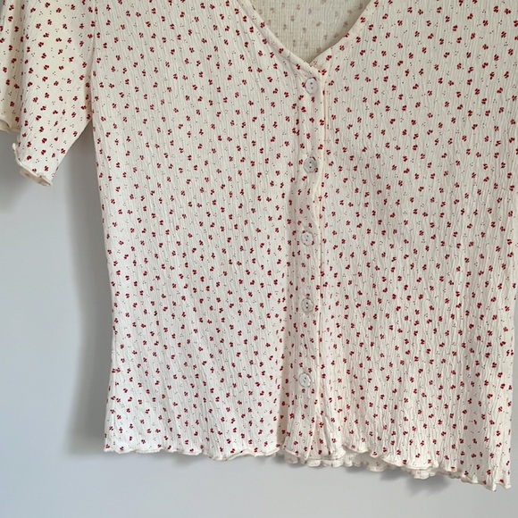 FRNCH Ornella Floral Ruffle Frill Trim Cream V Neck T Shirt S - Picture 7 of 15